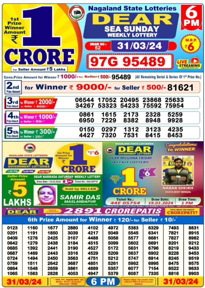 West Bengal State Lottery Result 31.3.2024 Today 6PM Lottery Sambad